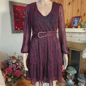 Women's Plum Metallic Lurex V-Neck Belted Dress